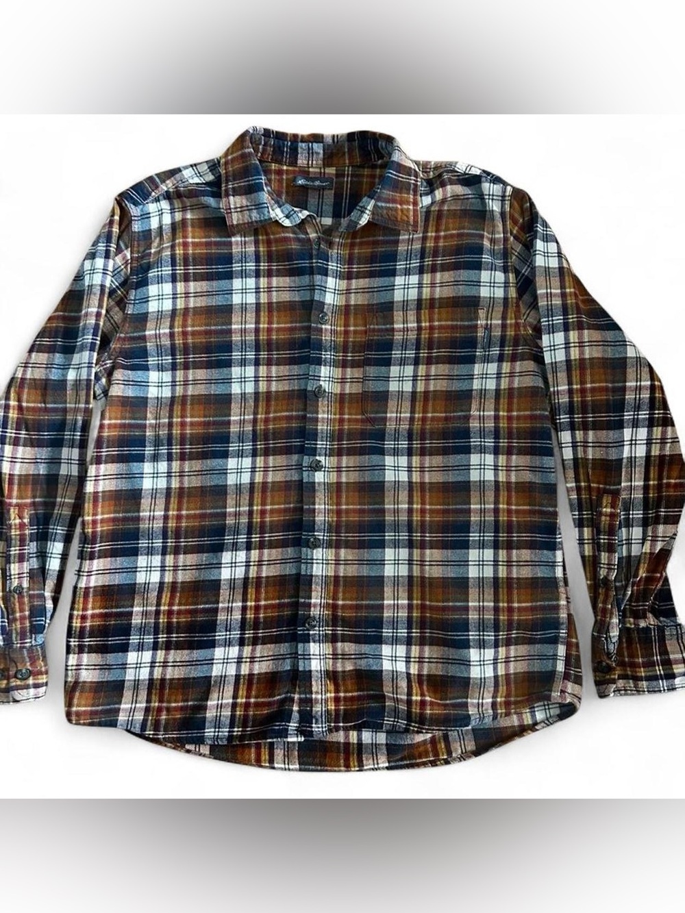 Eddie Bauer Brown and Blue Plaid Flannel For Men Large